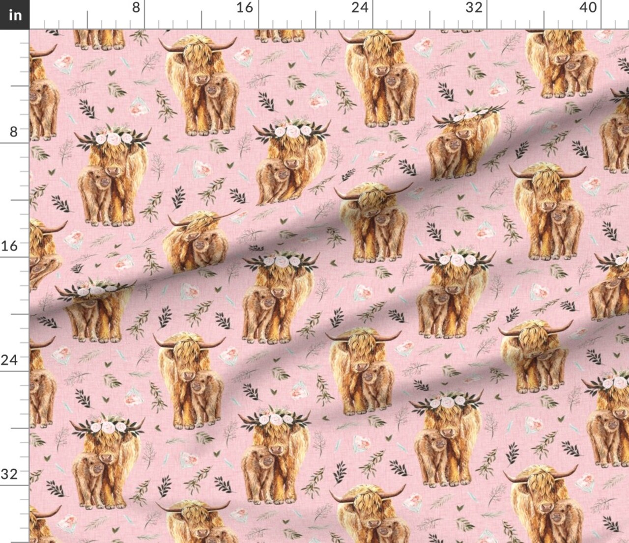 Various Fabrics by the Yard or Fat Quarter Pink Highland Cows Leaves Floral Calf Cow Scottish Custom Printed Fabric by Spoonflower